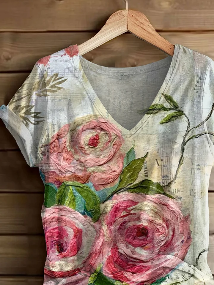 Women Floral Short Sleeve Tee T-shirt V Neck Printing Casual Summer Graphic Tee Top