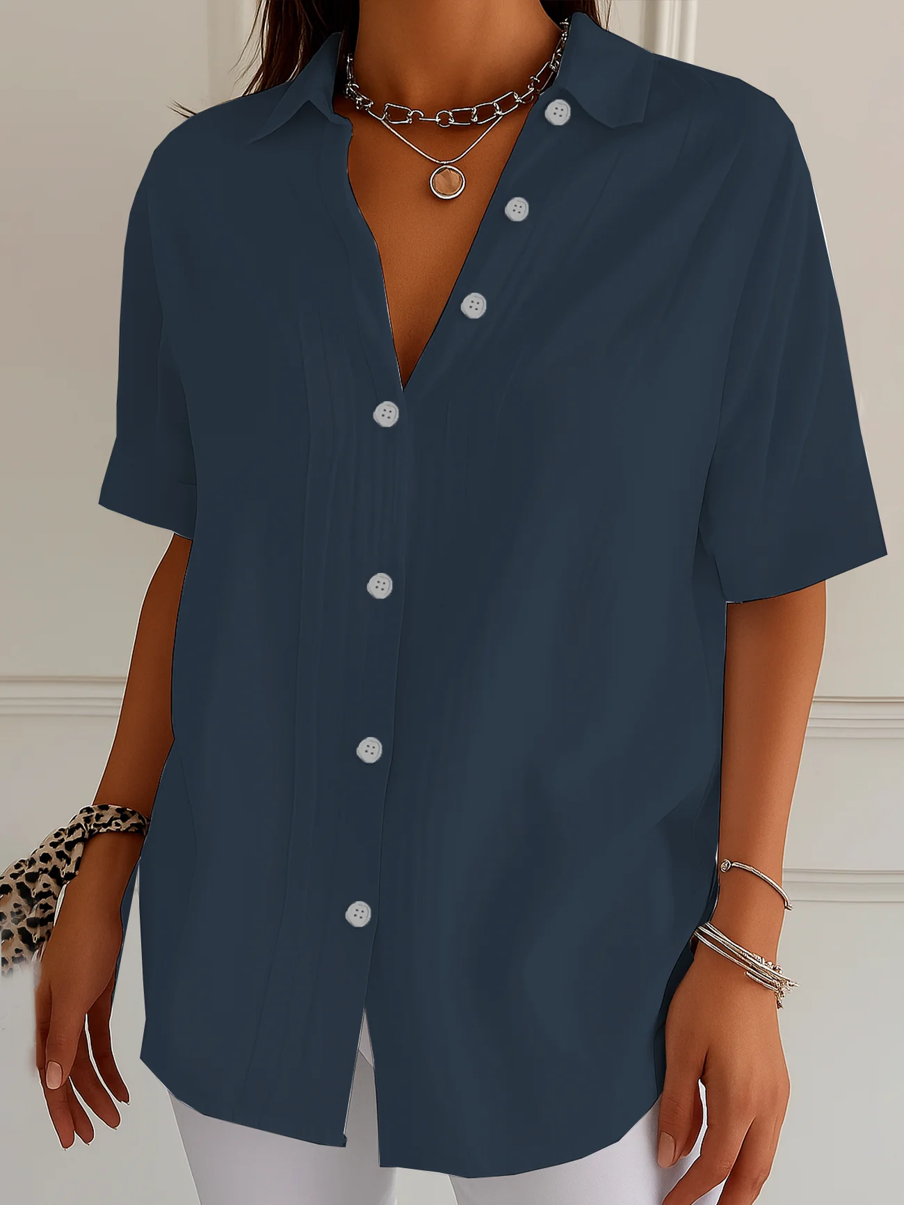 Women Plain Short Sleeve Shirt Summer Printing Shirt Collar Daily Casual Top