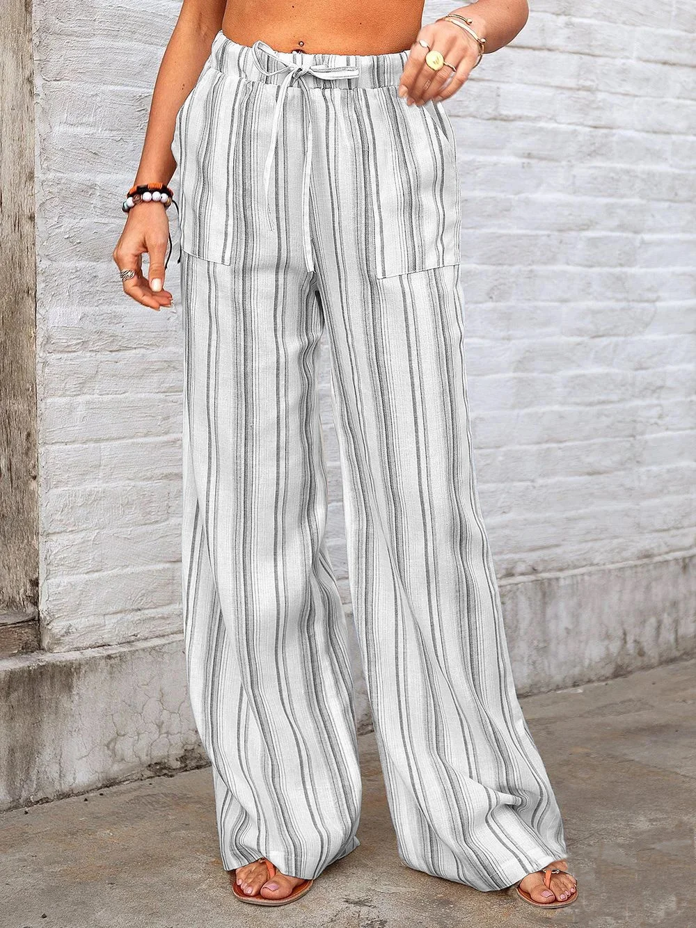 Women Striped Long Drawstring Pants Casual Spring/Fall Trousers