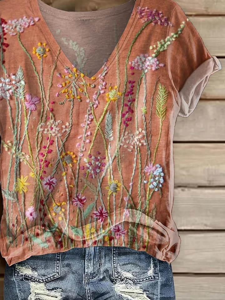 Women Floral Short Sleeve Tee T-shirt V Neck Printing Casual Summer Graphic Tee Top