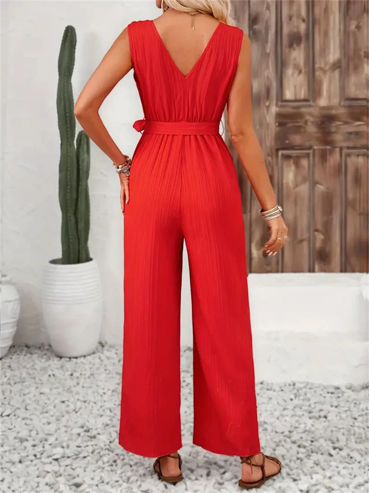 Women Plain V Neck Sleeveless Casual Summer Jumpsuit