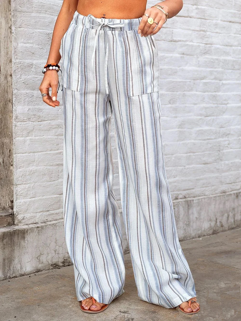 Women Striped Long Drawstring Pants Casual Spring/Fall Trousers