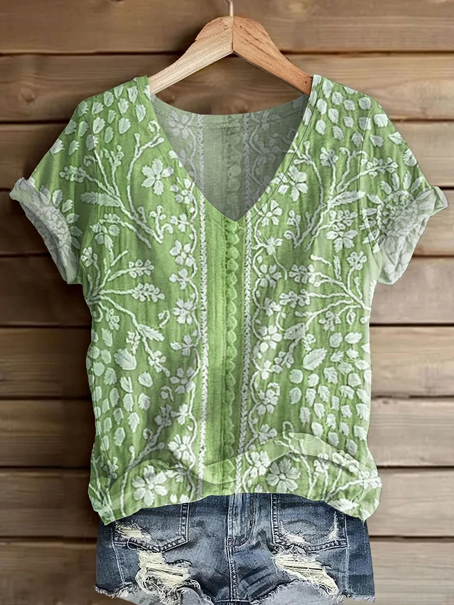 Women Floral Short Sleeve Tee T-shirt V Neck Printing Casual Summer Graphic Tee Top