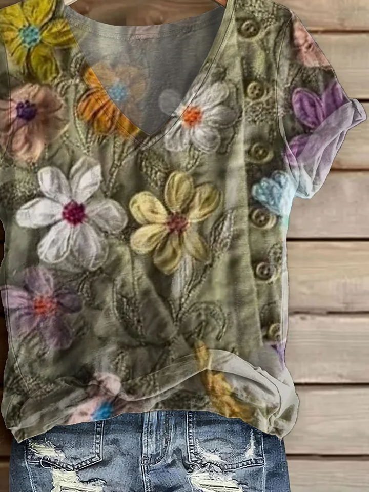Women Floral Short Sleeve Tee T-shirt V Neck Printing Casual Summer Graphic Tee Top