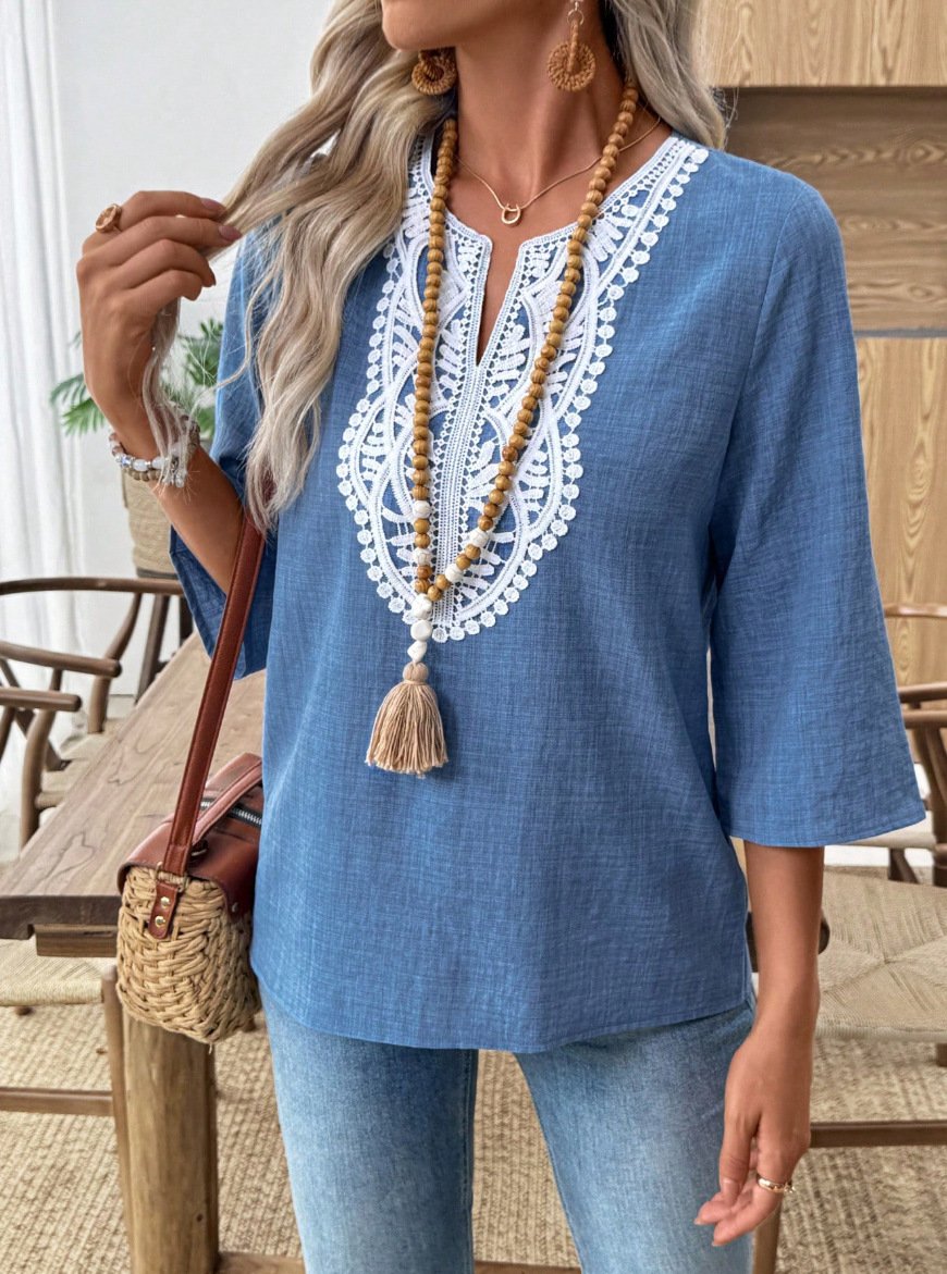 Women Plain Three Quarter Sleeve Shirt Spring/Fall Crew Neck Daily Casual Top