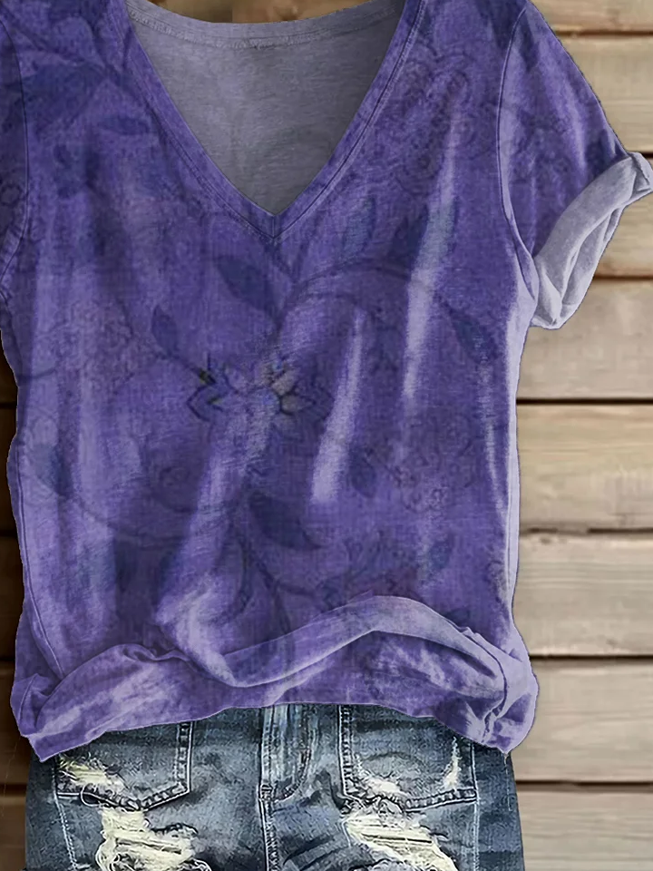 Women Floral Short Sleeve Tee T-shirt V Neck Printing Casual Summer Graphic Tee Top