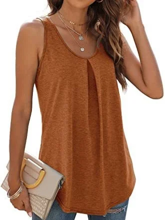 Women Sleeveless Tank Top Camisole Summer Plain Ruched Crew Neck Daily Sports Top