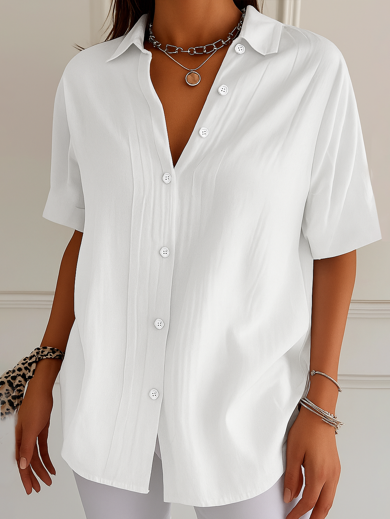 Women Plain Short Sleeve Shirt Summer Printing Shirt Collar Daily Casual Top