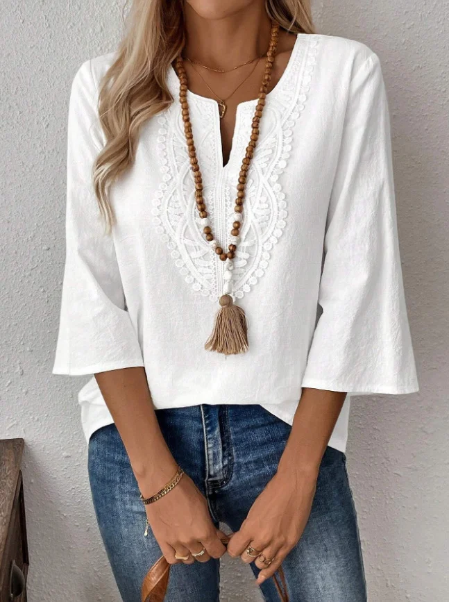 Women Plain Three Quarter Sleeve Shirt Spring/Fall Crew Neck Daily Casual Top