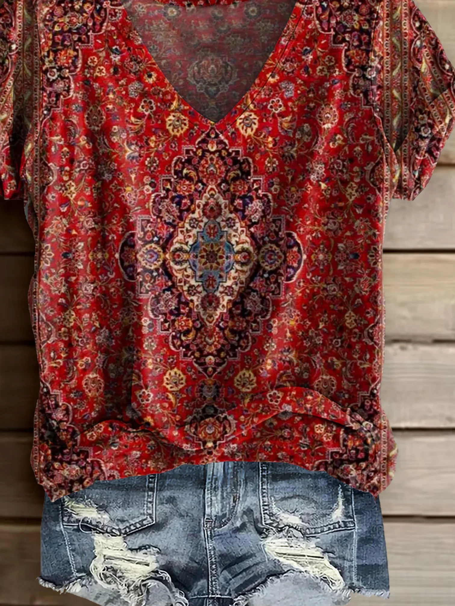 Women Floral Short Sleeve Tee T-shirt V Neck Printing Casual Summer Graphic Tee Top