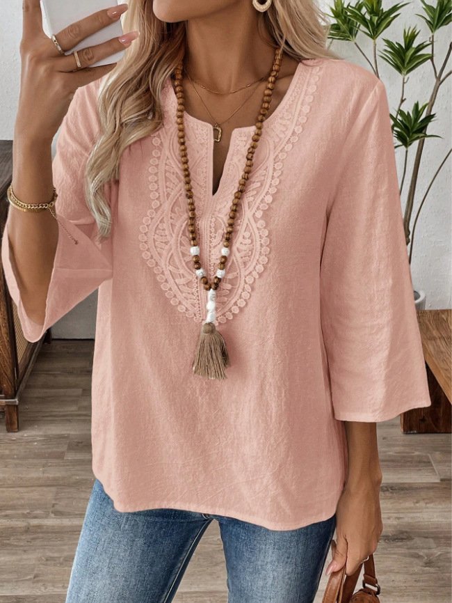 Women Plain Three Quarter Sleeve Shirt Spring/Fall Crew Neck Daily Casual Top