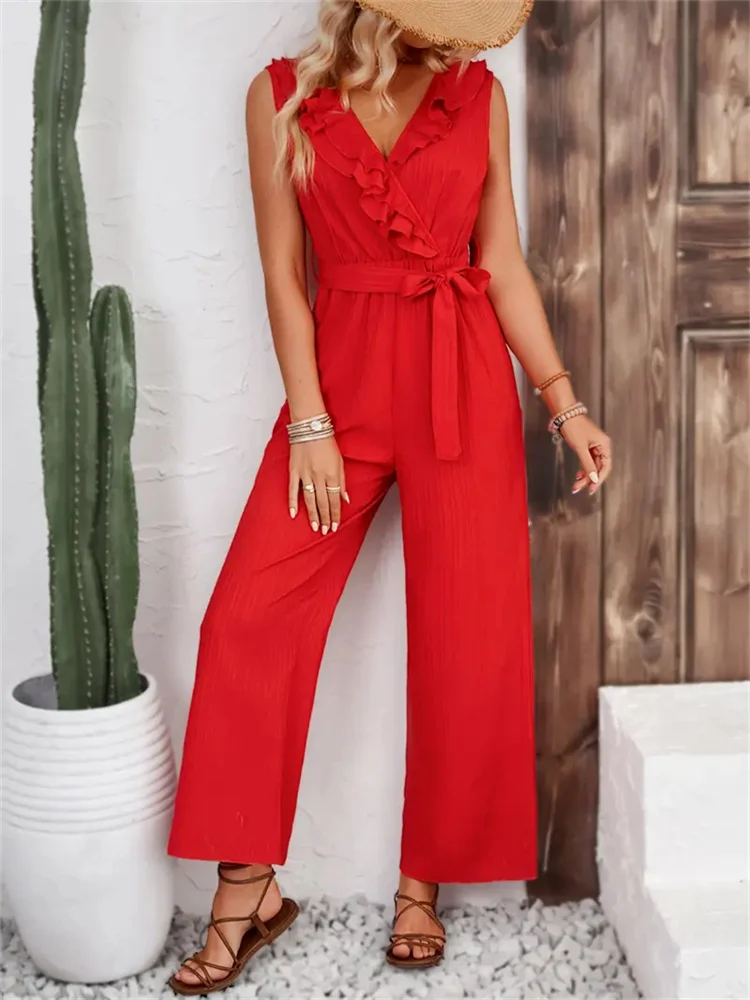 Women Plain V Neck Sleeveless Casual Summer Jumpsuit