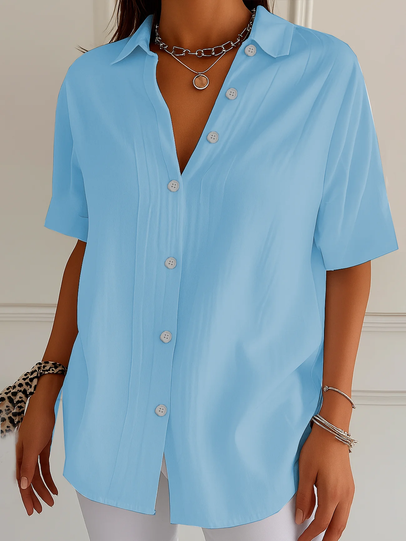 Women Plain Short Sleeve Shirt Summer Printing Shirt Collar Daily Casual Top