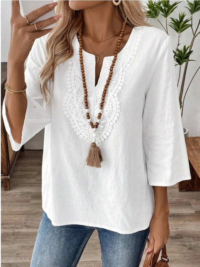 Women Plain Three Quarter Sleeve Shirt Spring/Fall Crew Neck Daily Casual Top