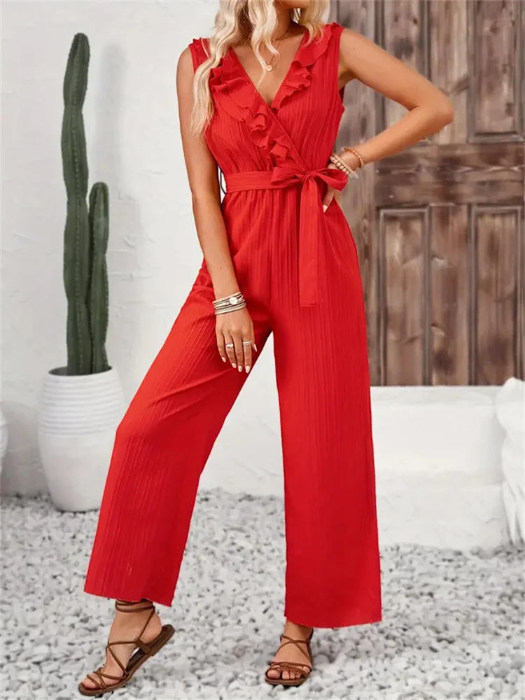 Women Plain V Neck Sleeveless Casual Summer Jumpsuit