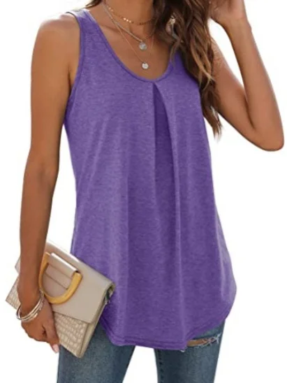 Women Sleeveless Tank Top Camisole Summer Plain Ruched Crew Neck Daily Sports Top