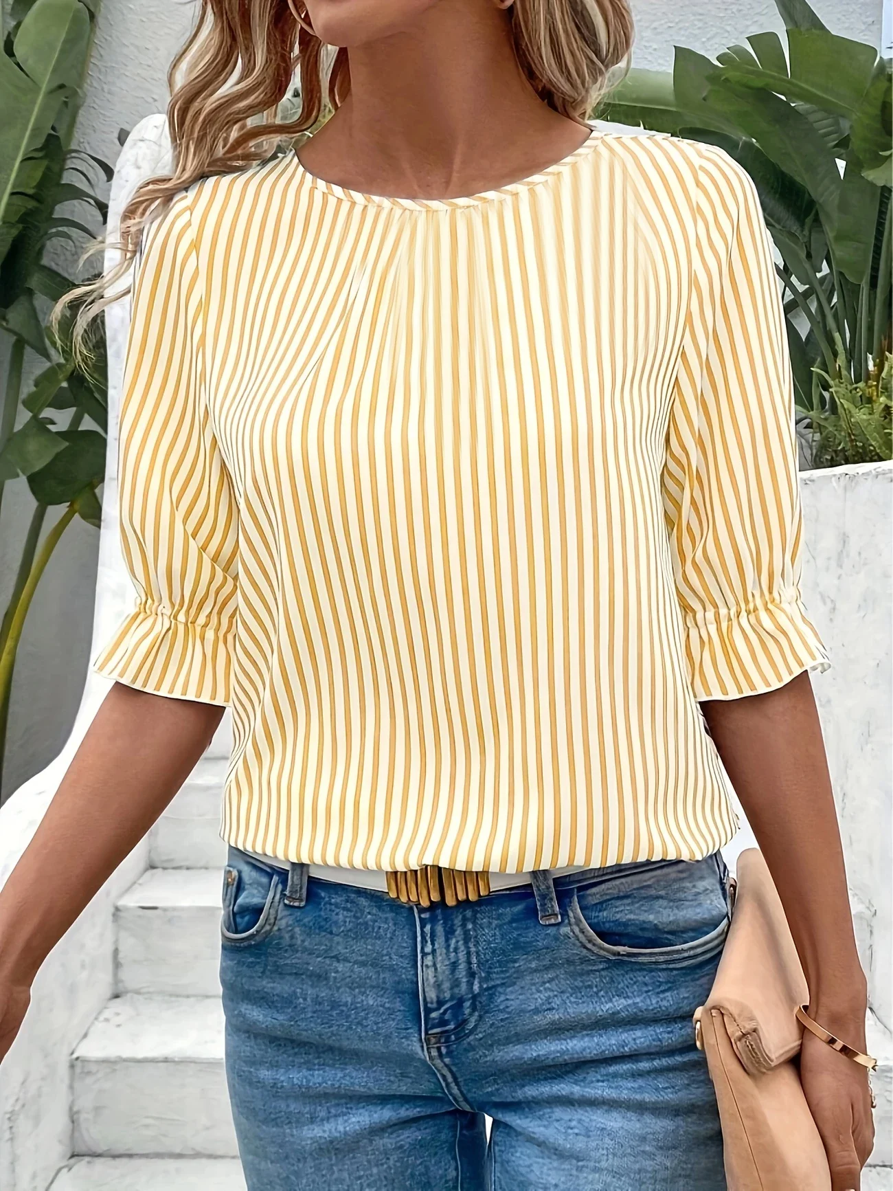 Women Striped Half Sleeve Shirt Summer Crew Neck Daily Vintage Top