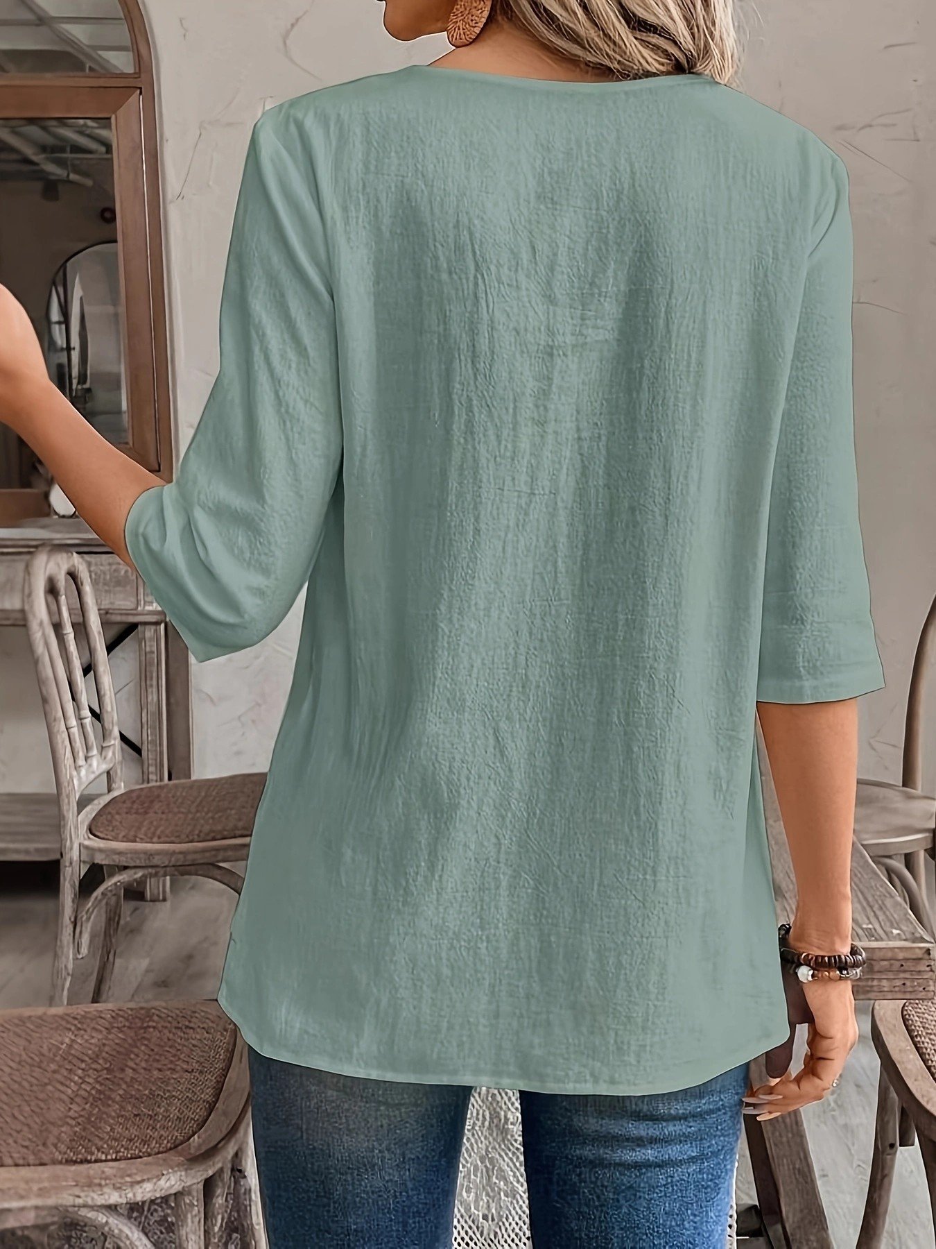 Women Plain Three Quarter Sleeve Shirt Spring/Fall Crew Neck Daily Casual Top