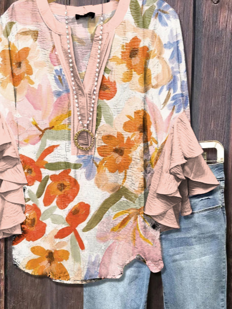 Women Floral Half Sleeve Shirt Summer Printing V Neck Daily Casual Top