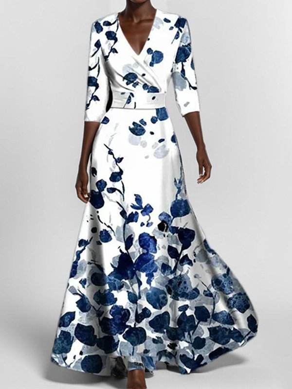 Women Floral Short Sleeve Summer Printing Dress V Neck Daily Vintage Maxi Tank A-Line Dress