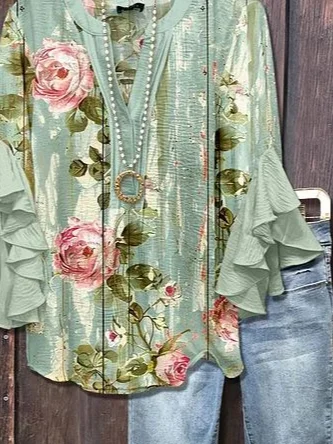 Women Floral Half Sleeve Shirt Summer Printing V Neck Daily Casual Top
