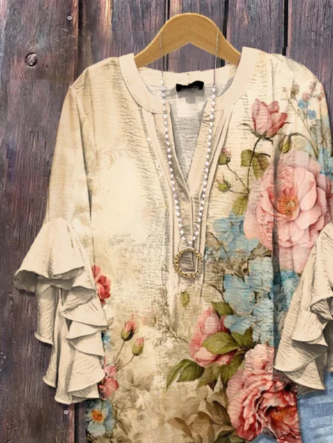 Women Floral Half Sleeve Shirt Summer Printing V Neck Daily Casual Top