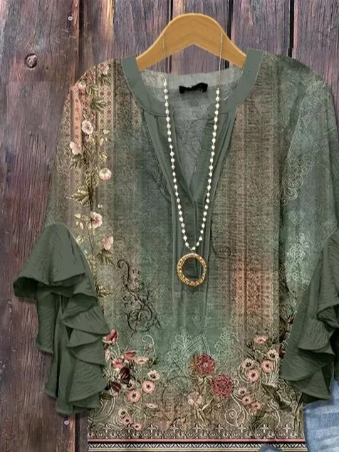 Women Floral Half Sleeve Shirt Summer Printing V Neck Daily Casual Top
