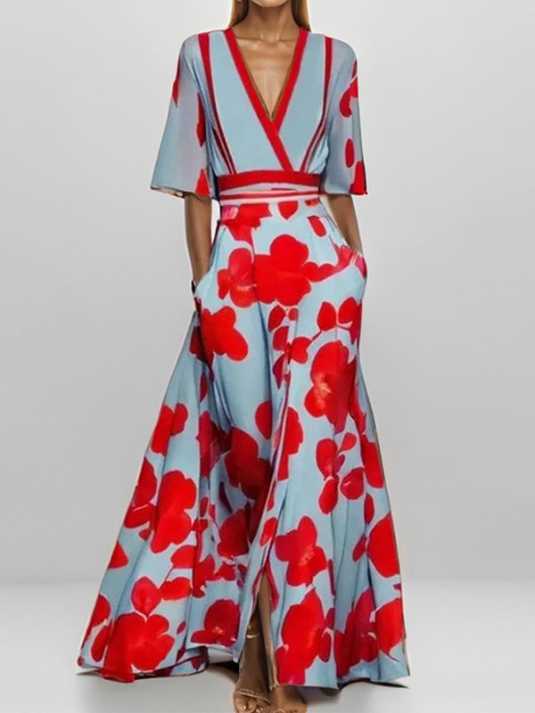 Women Floral Short Sleeve Summer Printing Dress V Neck Daily Vintage Maxi Tank A-Line Dress