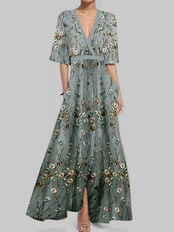 Women Floral Short Sleeve Summer Printing Dress V Neck Daily Vintage Maxi Tank A-Line Dress