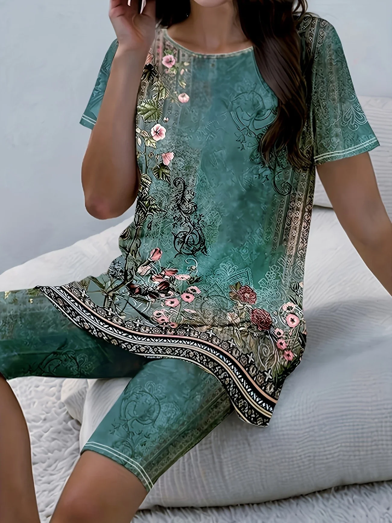 Women Floral Printing Two-Piece Set Daily Short Sleeve Casual Summer Top With Pants Matching Set