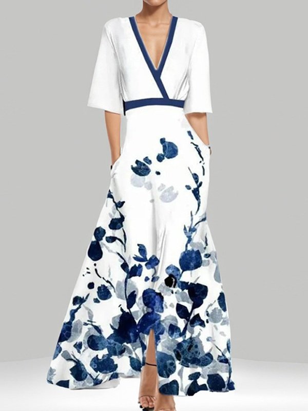 Women Floral Short Sleeve Summer Printing Dress V Neck Daily Vintage Maxi Tank A-Line Dress