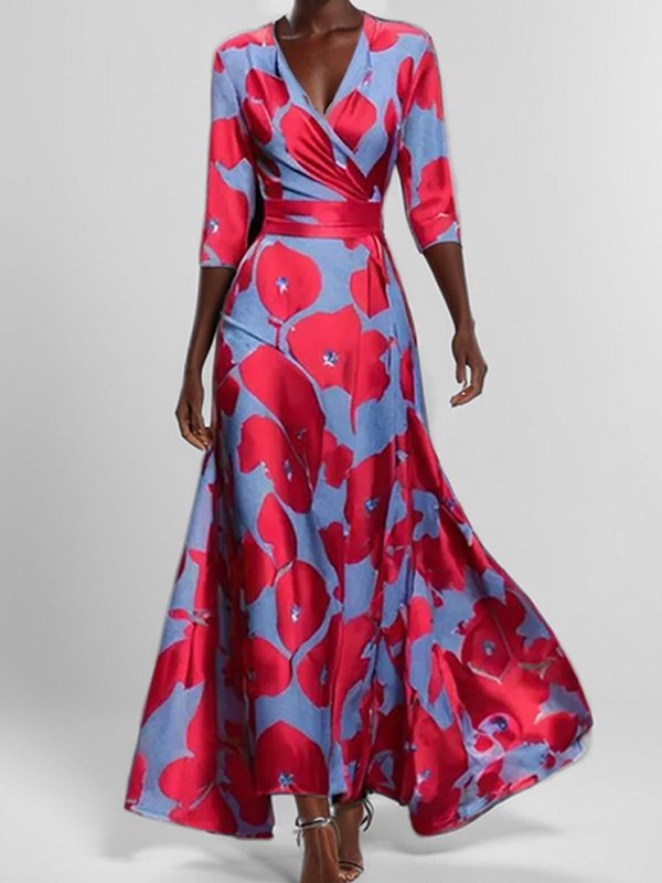 Women Floral Short Sleeve Summer Printing Dress V Neck Daily Vintage Maxi Tank A-Line Dress
