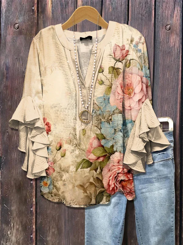 Women Floral Half Sleeve Shirt Summer Printing V Neck Daily Casual Top