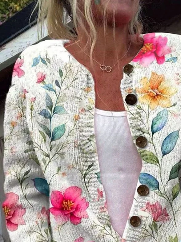 Women 3D Printing Vintage Spring/Fall Knitted Cardigan