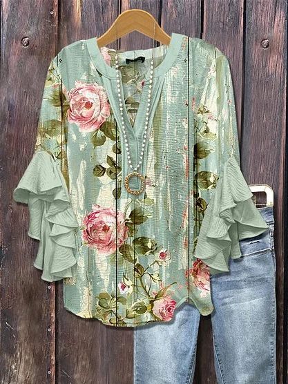 Women Floral Half Sleeve Shirt Summer Printing V Neck Daily Casual Top