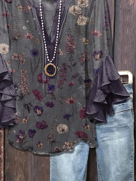 Women Floral Half Sleeve Shirt Summer Printing V Neck Daily Casual Top