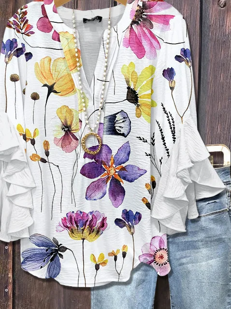 Women Floral Half Sleeve Shirt Summer Printing V Neck Daily Casual Top