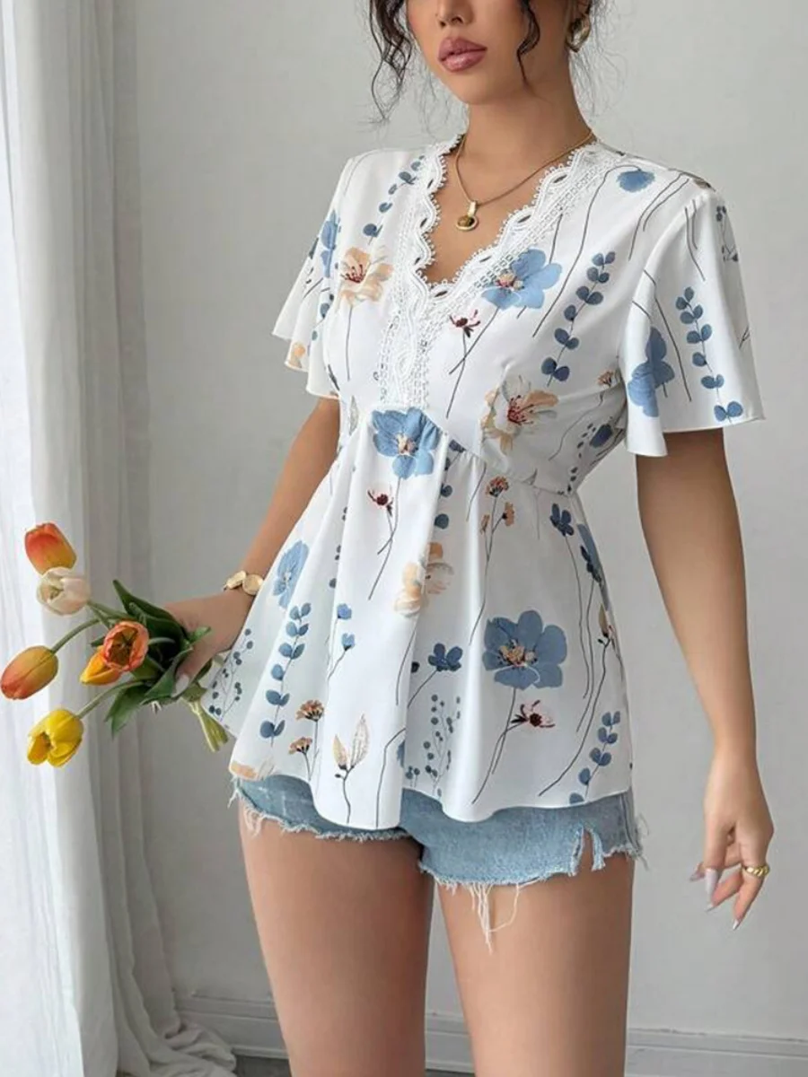 Women Plain Short Sleeve Tee T-shirt V Neck Embroidery Casual Summer Tunic Top