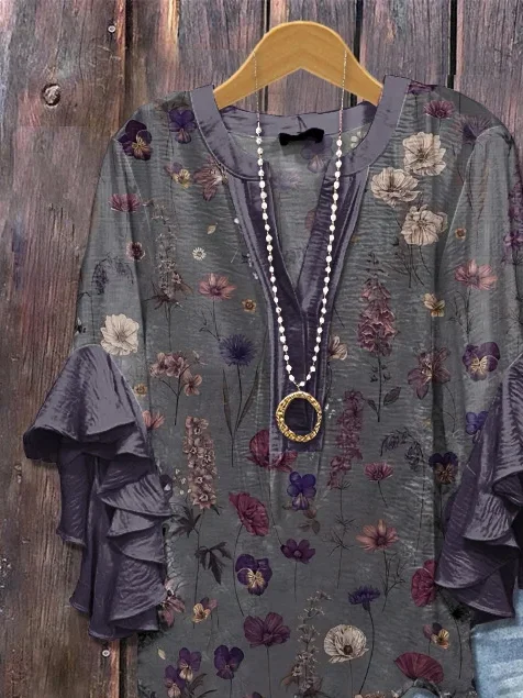 Women Floral Half Sleeve Shirt Summer Printing V Neck Daily Casual Top