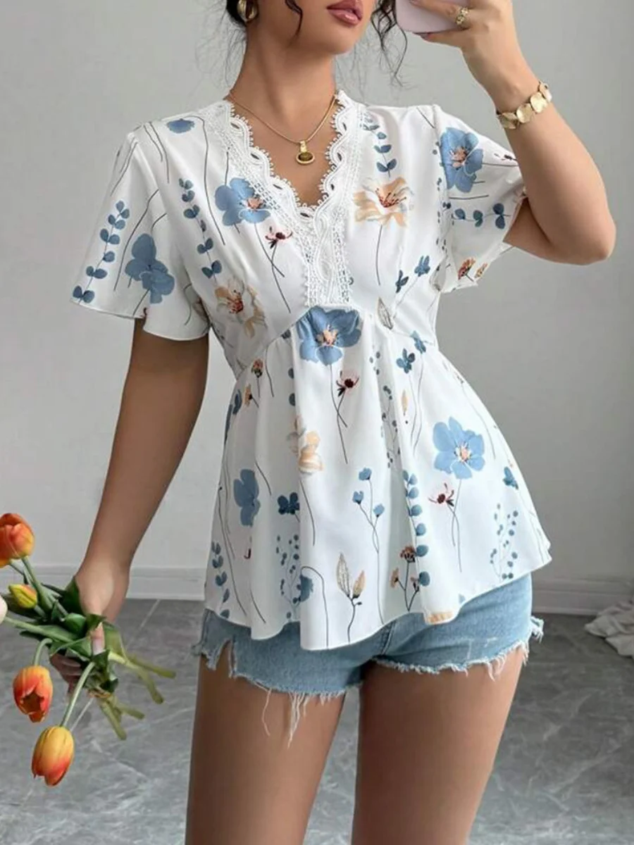 Women Plain Short Sleeve Tee T-shirt V Neck Embroidery Casual Summer Tunic Top