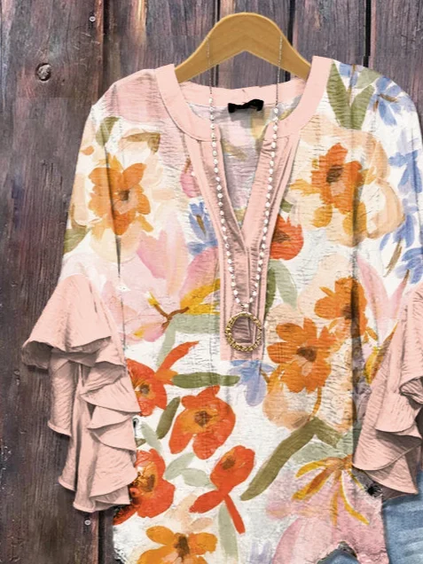Women Floral Half Sleeve Shirt Summer Printing V Neck Daily Casual Top