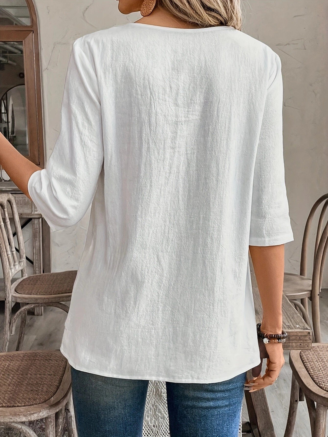 Women Plain Three Quarter Sleeve Shirt Spring/Fall Crew Neck Daily Casual Top