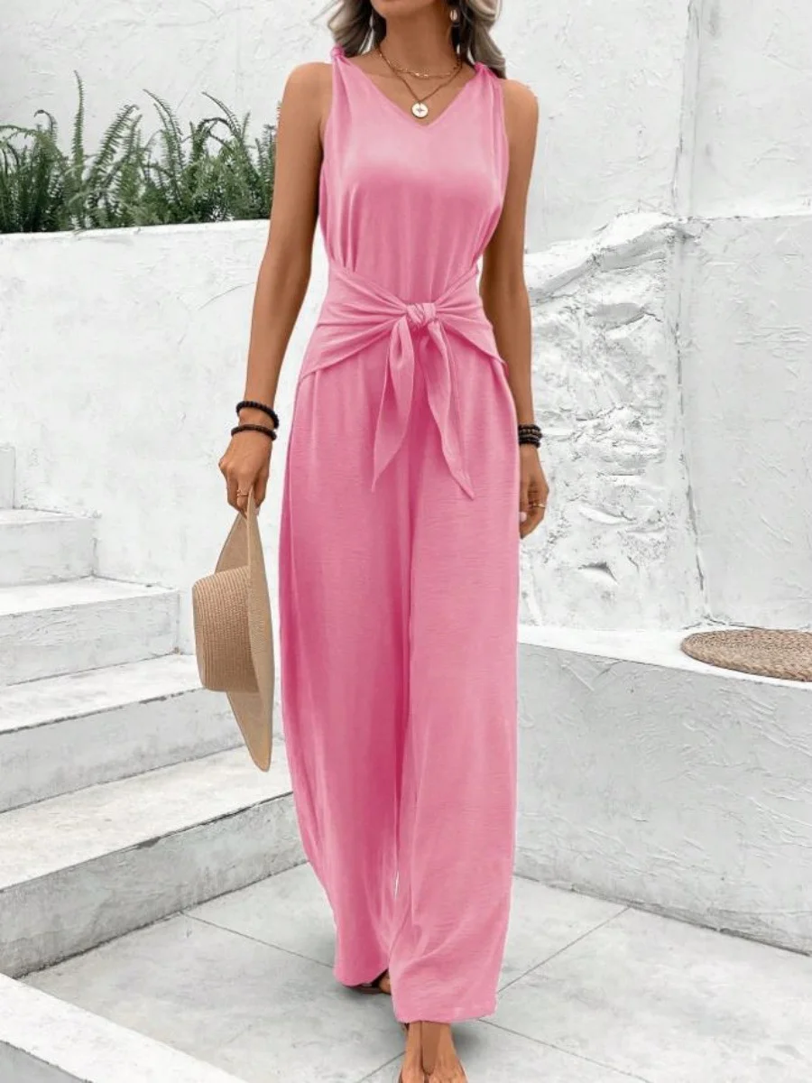 Women Plain V Neck Sleeveless Casual Summer Jumpsuit