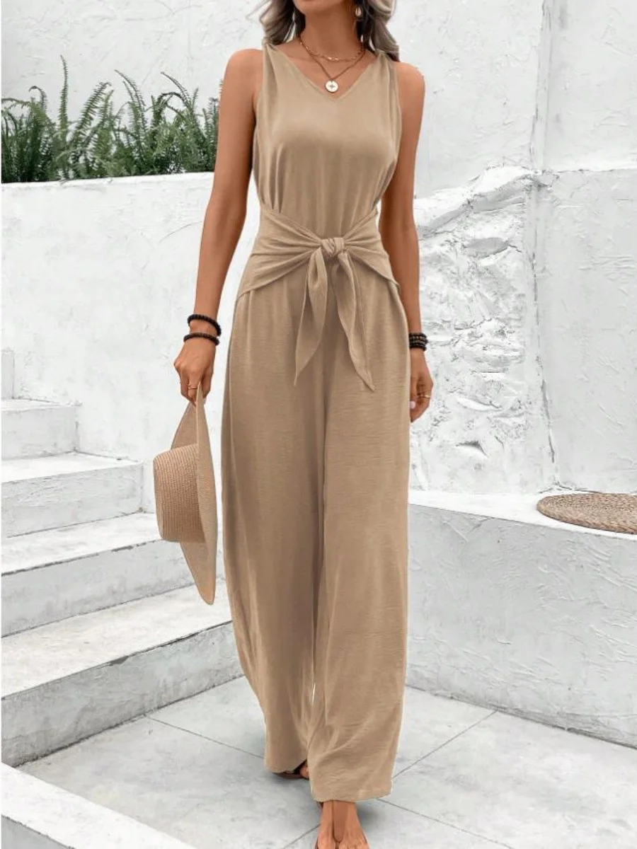 Women Plain V Neck Sleeveless Casual Summer Jumpsuit