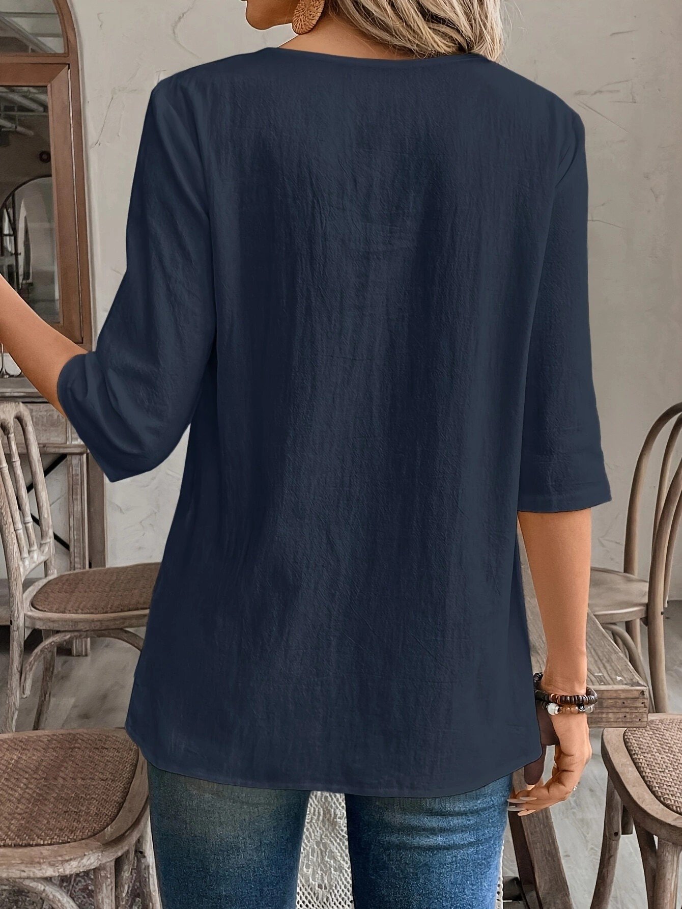 Women Plain Three Quarter Sleeve Shirt Spring/Fall Crew Neck Daily Casual Top
