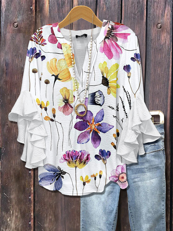 Women Floral Half Sleeve Shirt Summer Printing V Neck Daily Casual Top