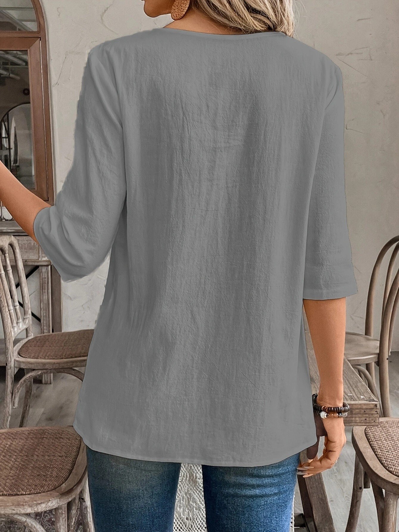 Women Plain Three Quarter Sleeve Shirt Spring/Fall Crew Neck Daily Casual Top