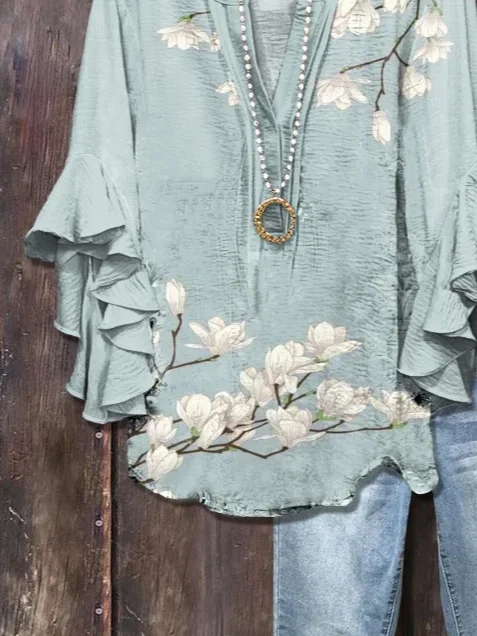 Women Floral Half Sleeve Shirt Summer Printing V Neck Daily Casual Top