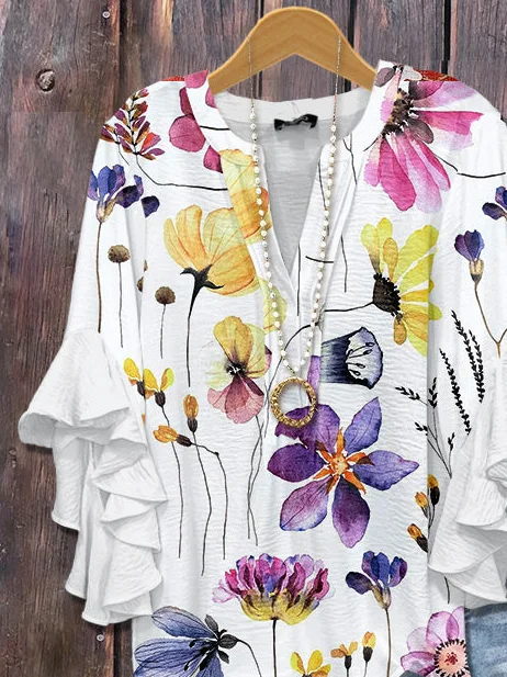 Women Floral Half Sleeve Shirt Summer Printing V Neck Daily Casual Top