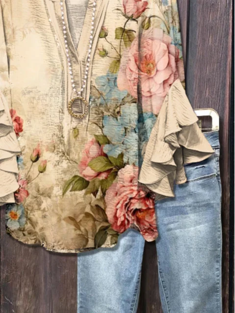 Women Floral Half Sleeve Shirt Summer Printing V Neck Daily Casual Top